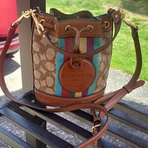 CoachMiniature Dempse Brown Signature Canvas Bucket Bag with Multi-Color Stripes